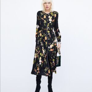 Zara Trafaluc Black Floral Button Front V-Neck Long Sleeve Midi Dress Size M